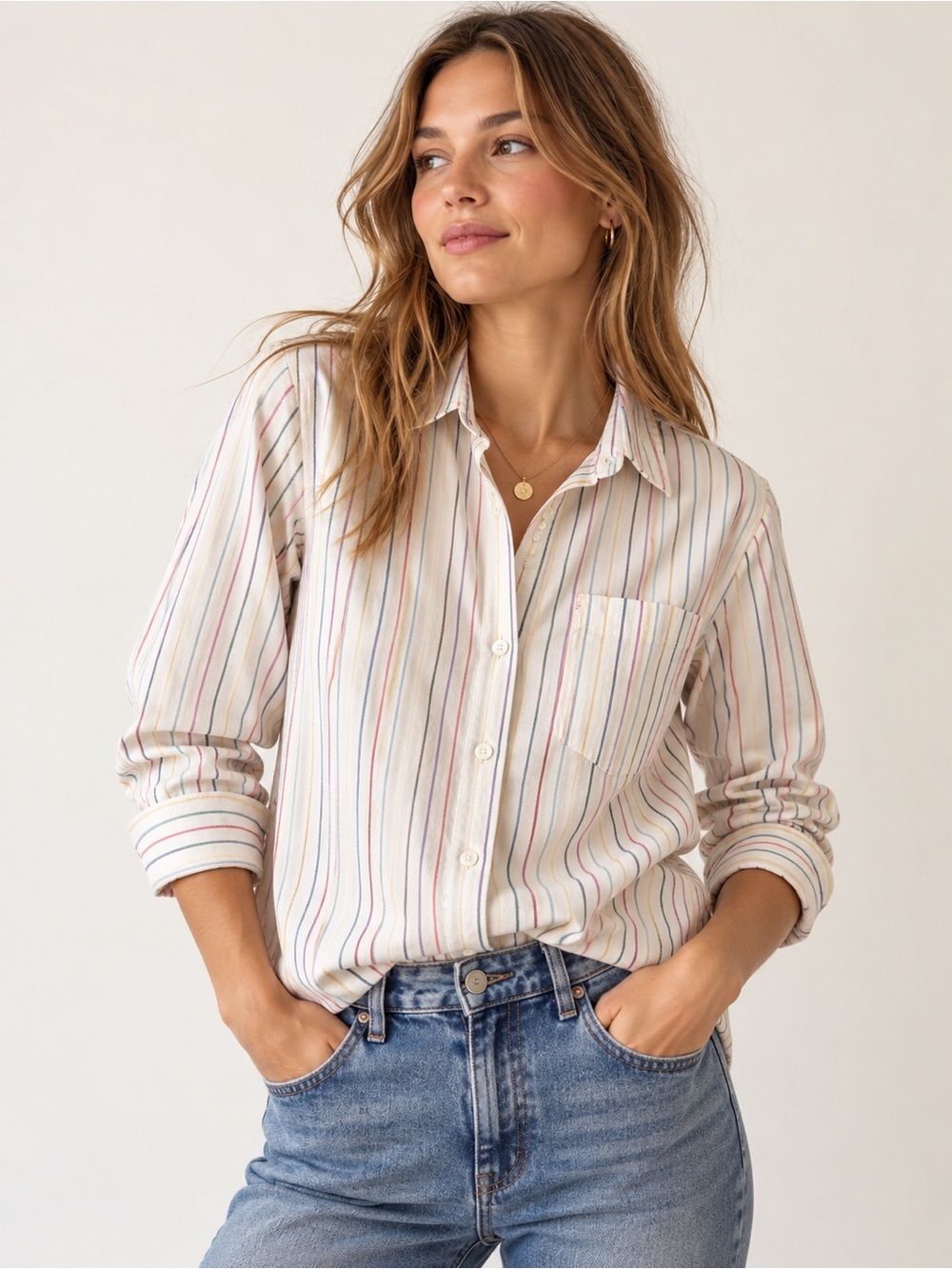 Sézane Tomboy Shirt Multicolor Striped Cotton Button Down French Girl preppy 38